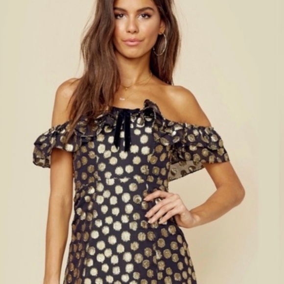 For Love & Lemons Lotti Ruffle Gold Dot Mini Dress Gold & Black - Picture 2 of 8